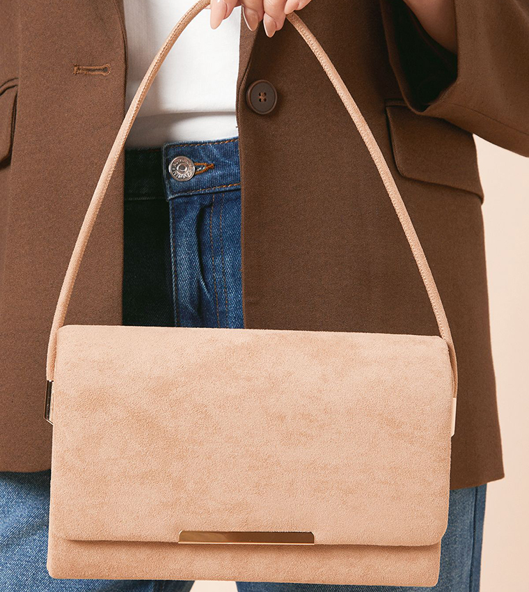 Terrie Faux Suede Flap Over Structured Shoulder Bags