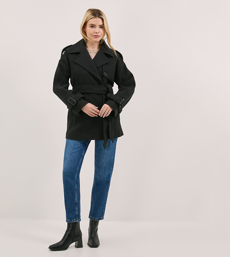 Solid Belted Long Sleeves Coat