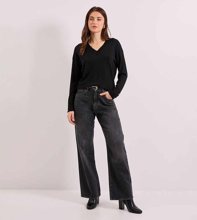 V-Neck Button Cuff Sweater