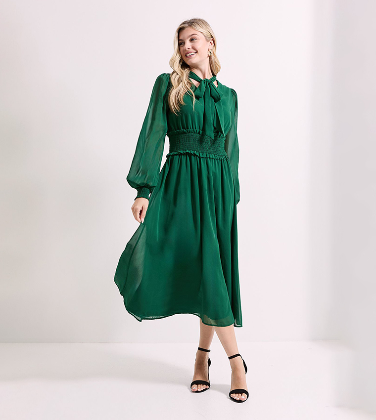 dorothy perkins green dress Women's Green Floral Shirred Bodice Drop Waist Midi Dress