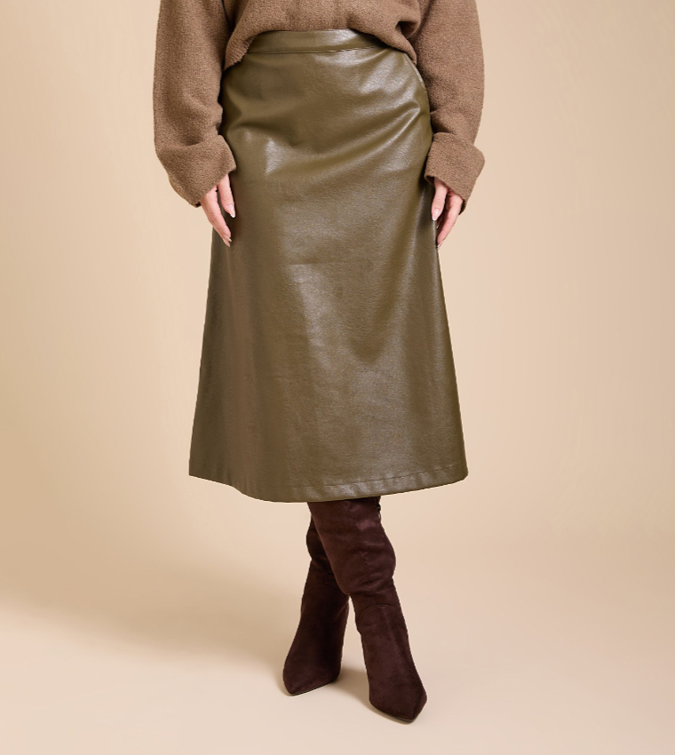 Solid Faux Leather Midi Skirt