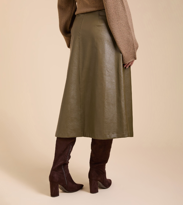 Solid Faux Leather Midi Skirt