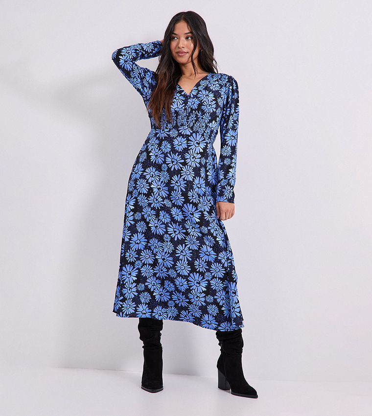 Petite Printed Shirred Waist Button Detail Midi Dress