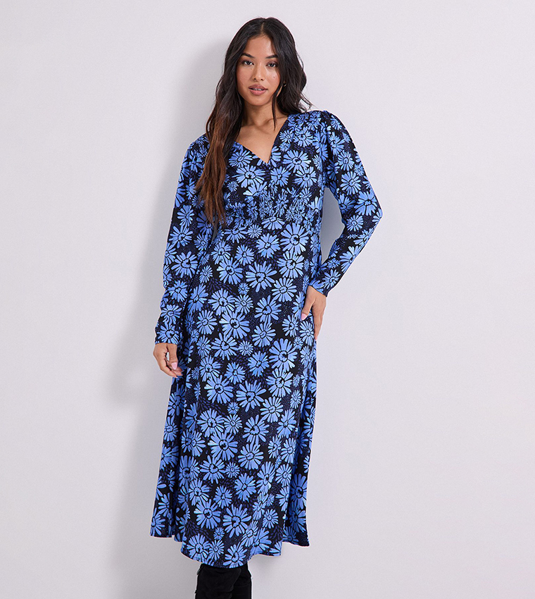 Petite Printed Shirred Waist Button Detail Midi Dress