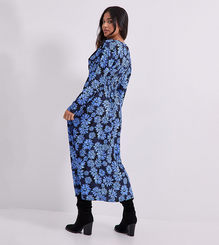 Petite Printed Shirred Waist Button Detail Midi Dress