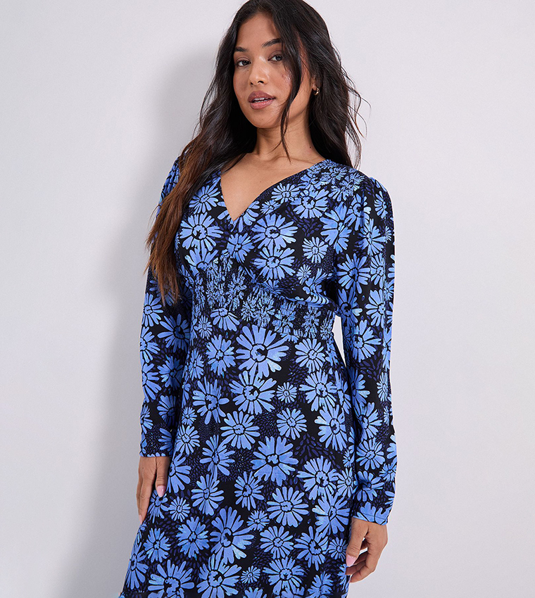 Petite Printed Shirred Waist Button Detail Midi Dress