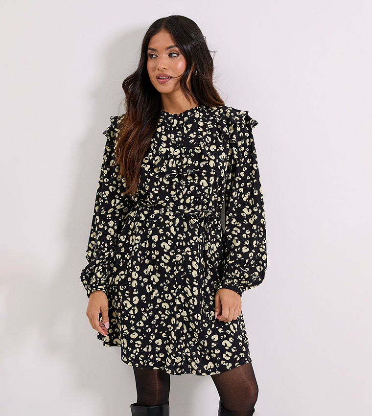 Petite Printed Frill Yoke Belted Mini Shirt Dress