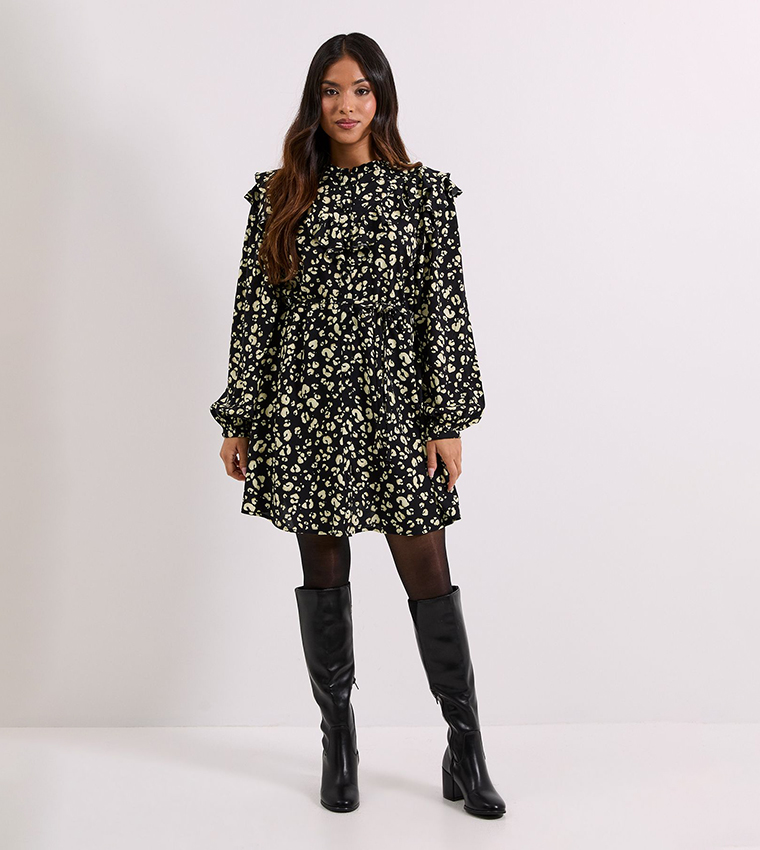 Petite Printed Frill Yoke Belted Mini Shirt Dress