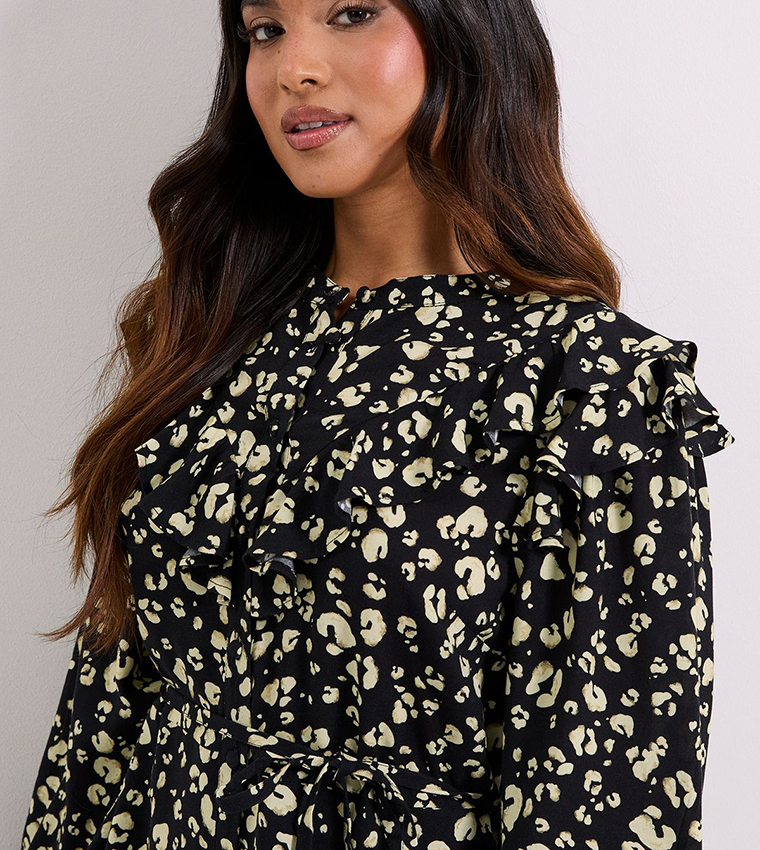 Petite Printed Frill Yoke Belted Mini Shirt Dress