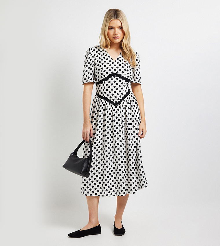 Polka Dots Lace Detail Dropped Waist V-Neck Midi Dress