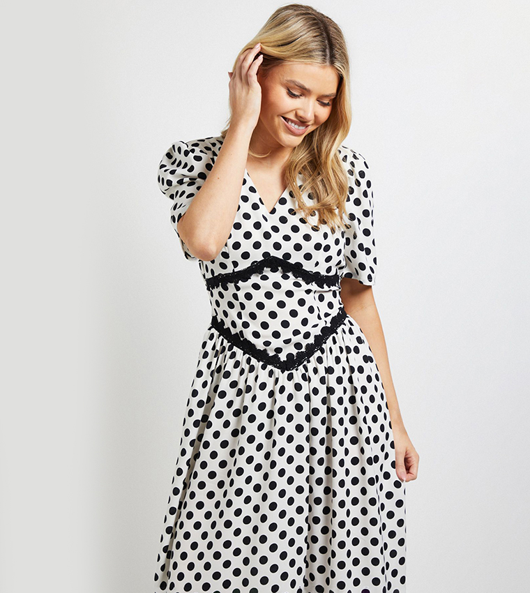 Polka Dots Lace Detail Dropped Waist V-Neck Midi Dress