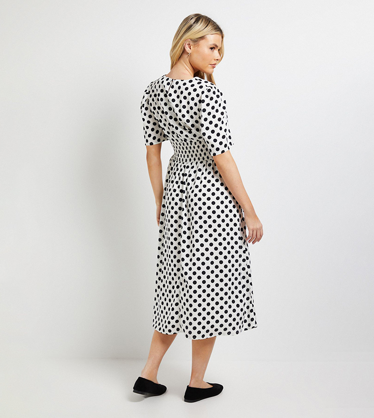 Polka Dots Lace Detail Dropped Waist V-Neck Midi Dress