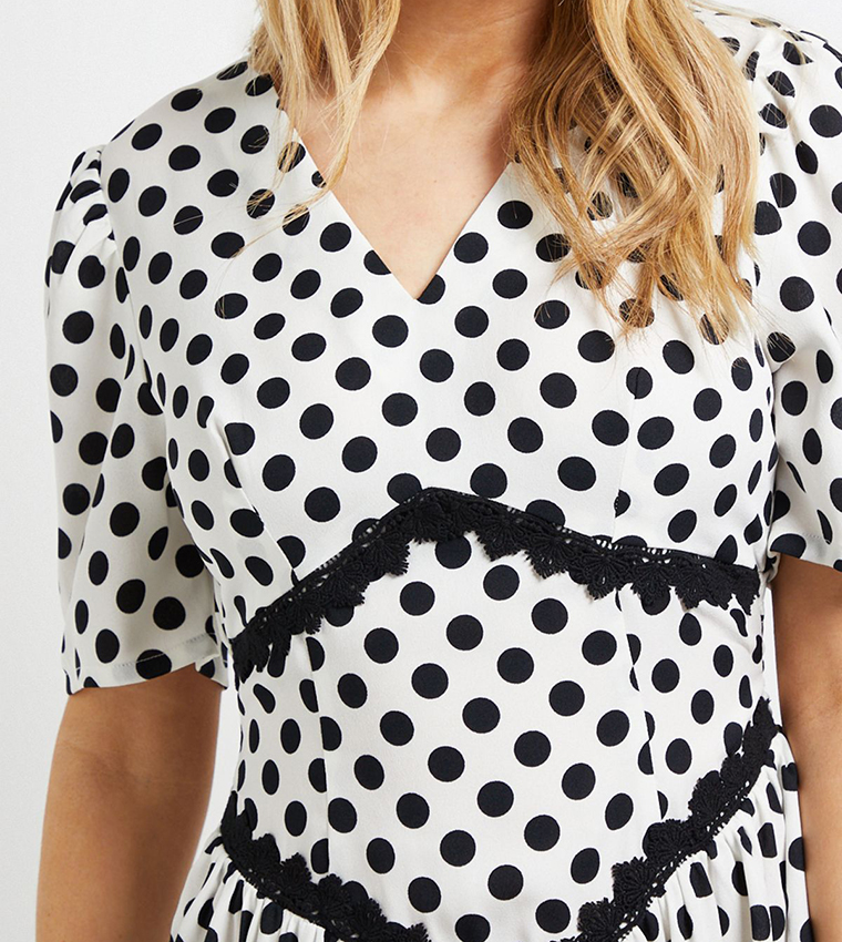 Polka Dots Lace Detail Dropped Waist V-Neck Midi Dress