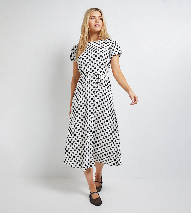 Spot Tie Back Detail Puff Sleeves Midi Dress