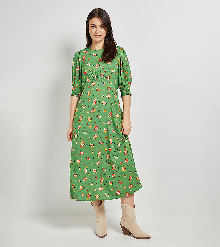 Buy Dorothy Perkins Floral Print Shirred Cuff Midi Dress In Green |  6thStreet UAE