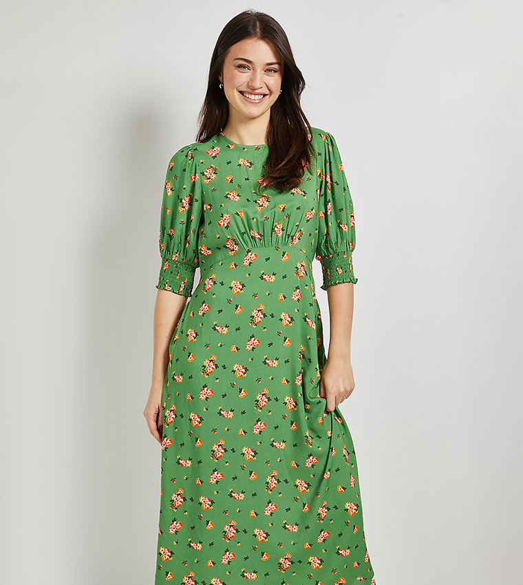 Buy Dorothy Perkins Floral Print Shirred Cuff Midi Dress In Green |  6thStreet UAE