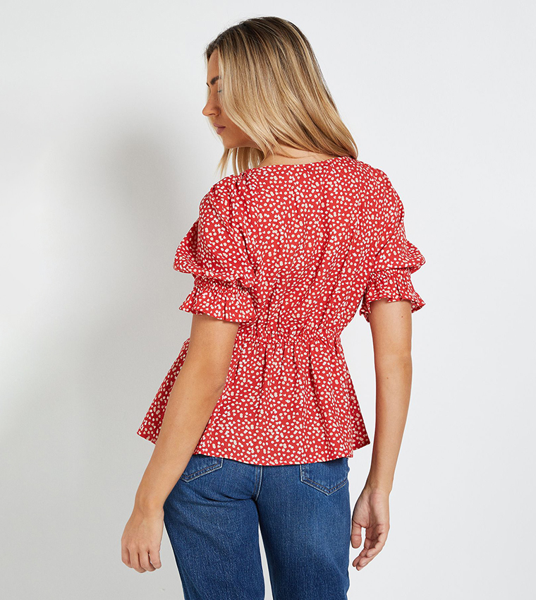 Printed Puff Sleeves Tie Front Top