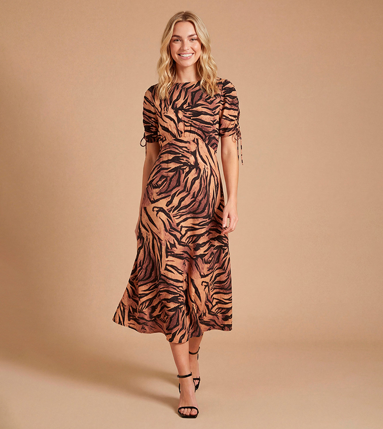 Gathered Sleeves Empire Seam Midi Dress