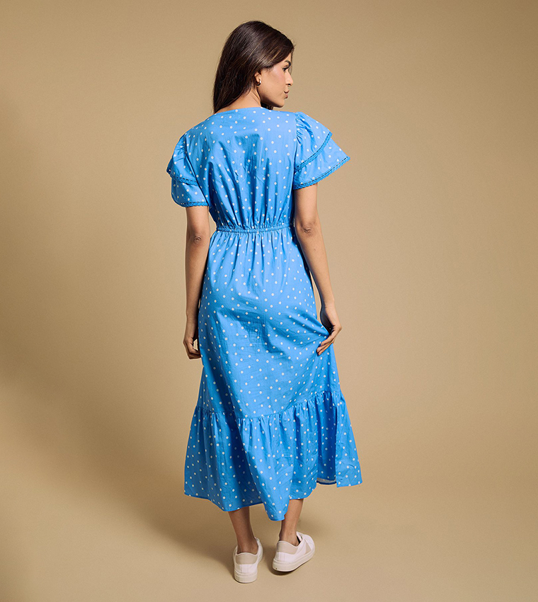 Petite Wrap Front Lace Detail Tiered Printed Midaxi Dress