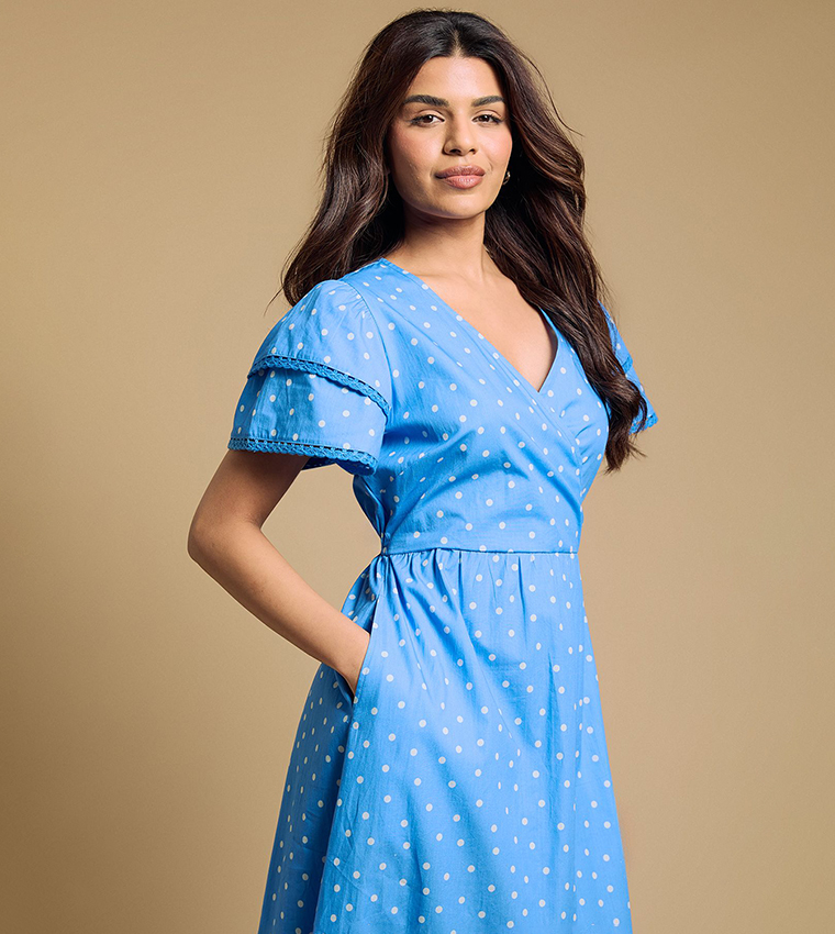 Petite Wrap Front Lace Detail Tiered Printed Midaxi Dress