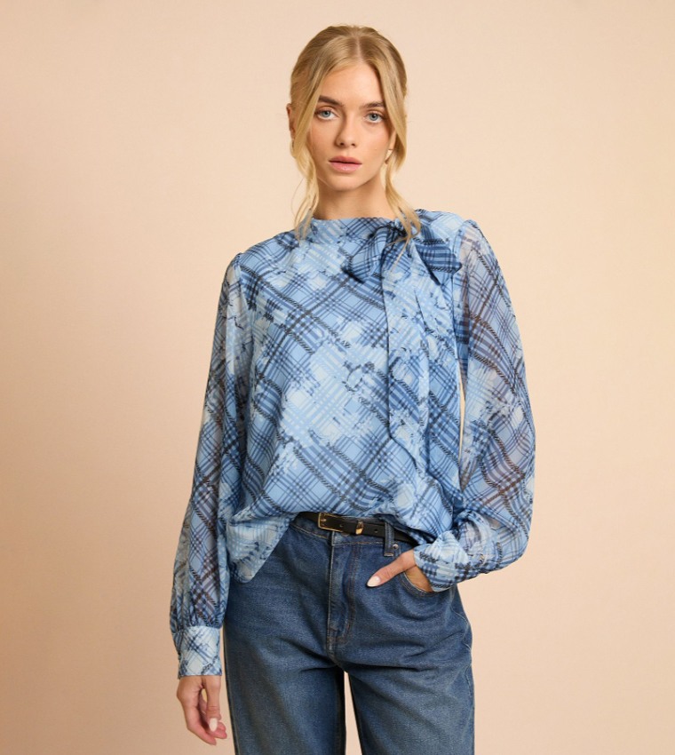 Plaid Long Sleeves Chiffon Bow Tie Top