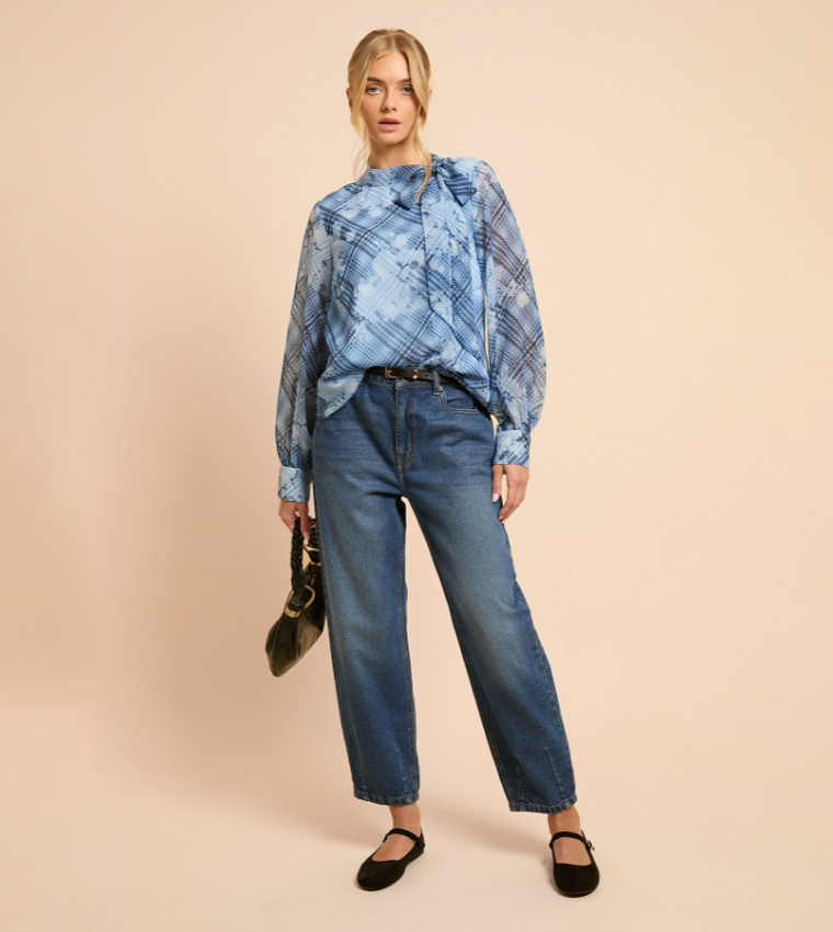 Plaid Long Sleeves Chiffon Bow Tie Top