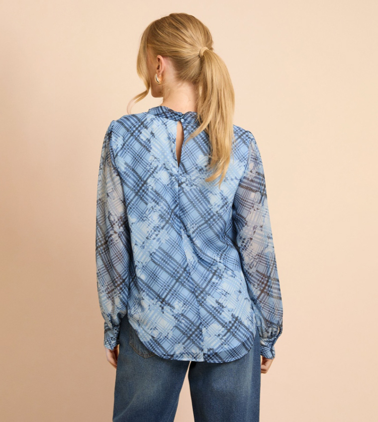 Plaid Long Sleeves Chiffon Bow Tie Top
