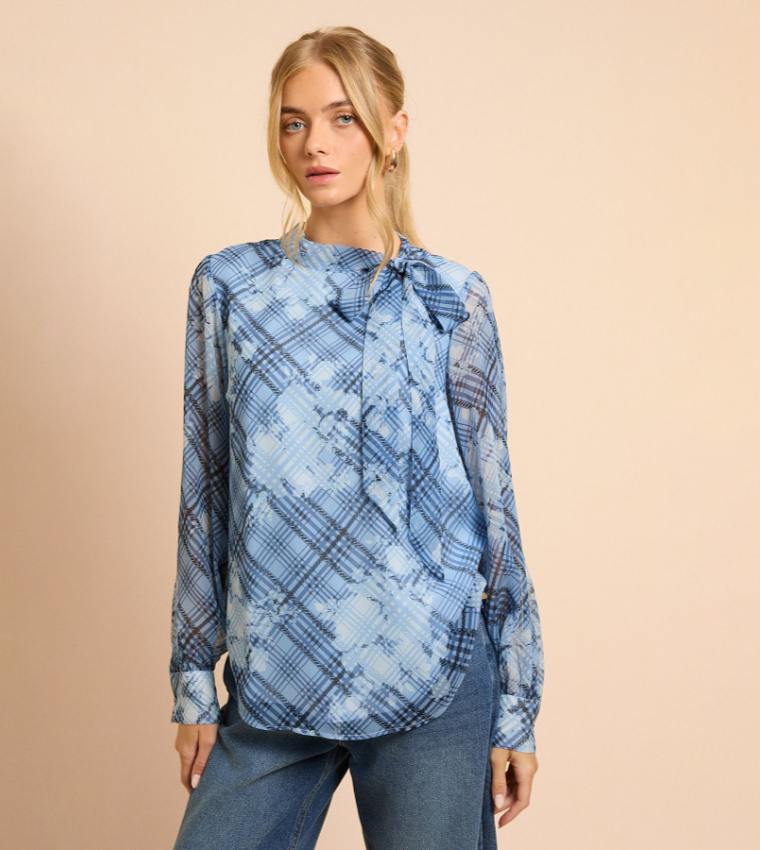 Plaid Long Sleeves Chiffon Bow Tie Top