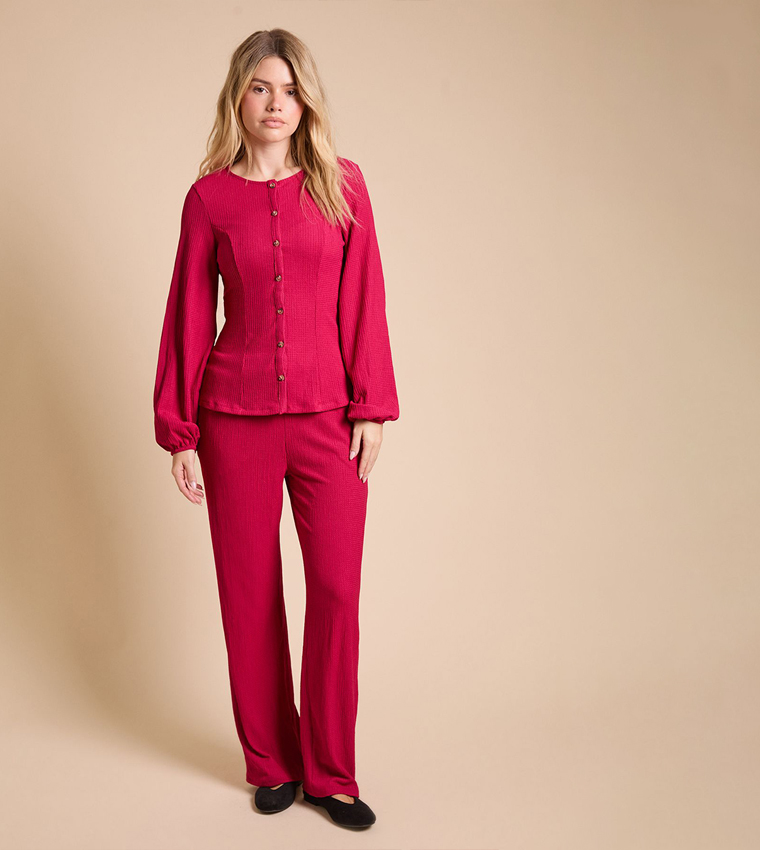 Button Front Crinkle Long Sleeves Top