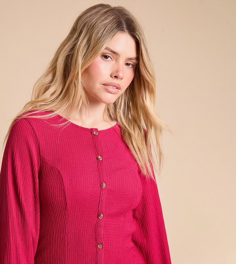 Button Front Crinkle Long Sleeves Top