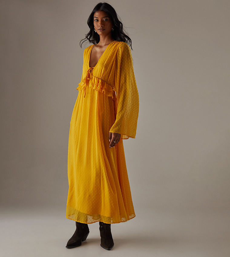 V-Neck Dobby Chiffon Ruffle Maxi Dress