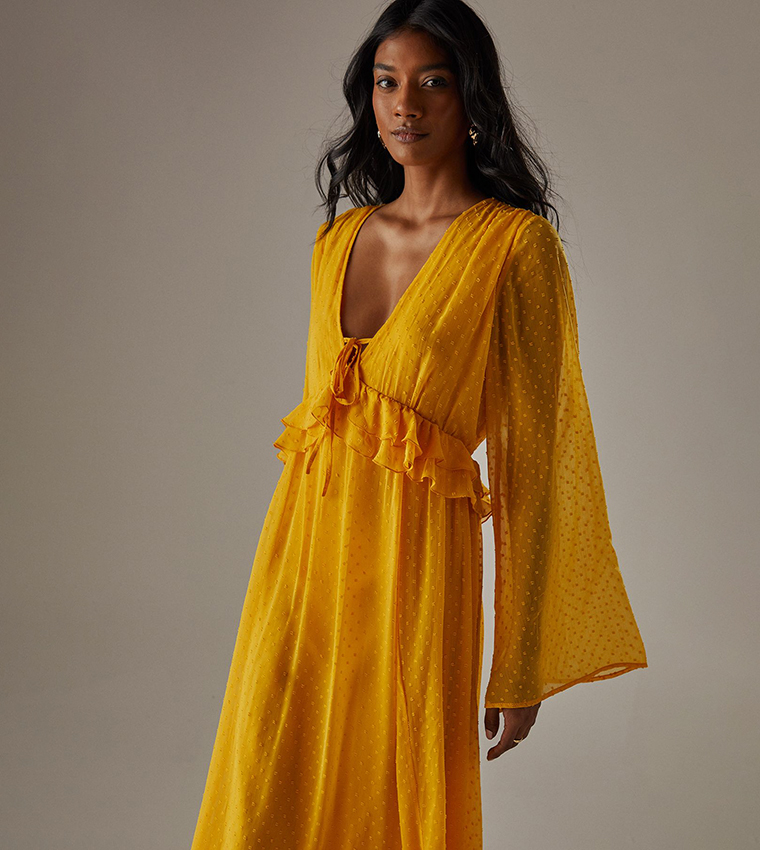 V-Neck Dobby Chiffon Ruffle Maxi Dress