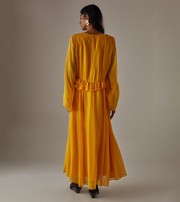 V-Neck Dobby Chiffon Ruffle Maxi Dress