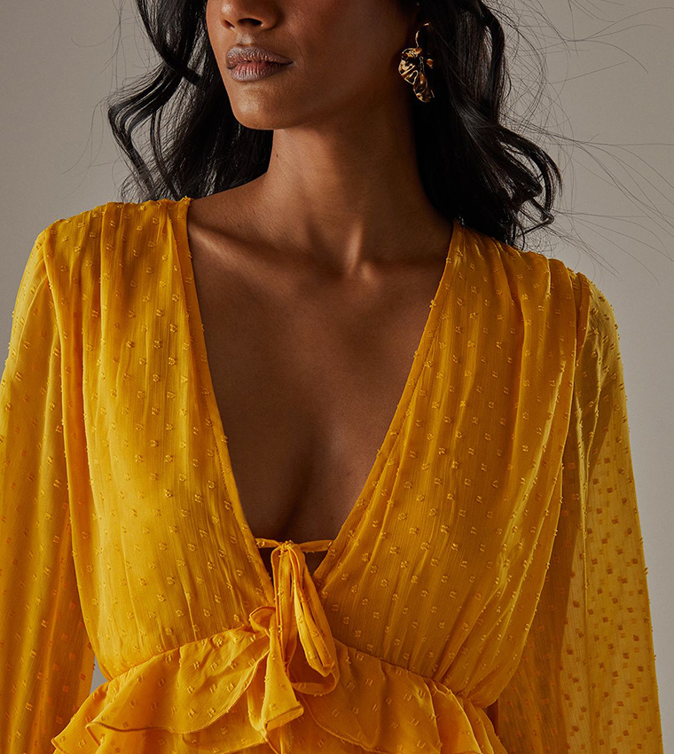 V-Neck Dobby Chiffon Ruffle Maxi Dress