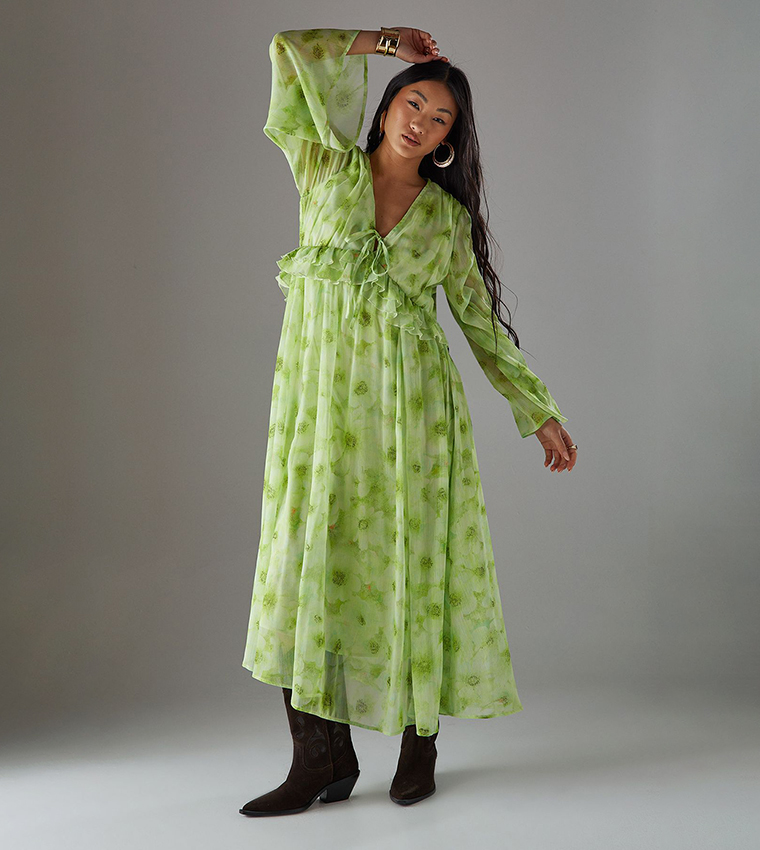 Petite Chiffon Plunge Neck Midi Smock Dress