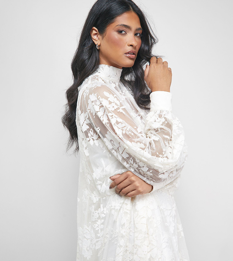 Buy Warehouse Lace High Neck Midi Dress In White | 6thstreet Qatar
