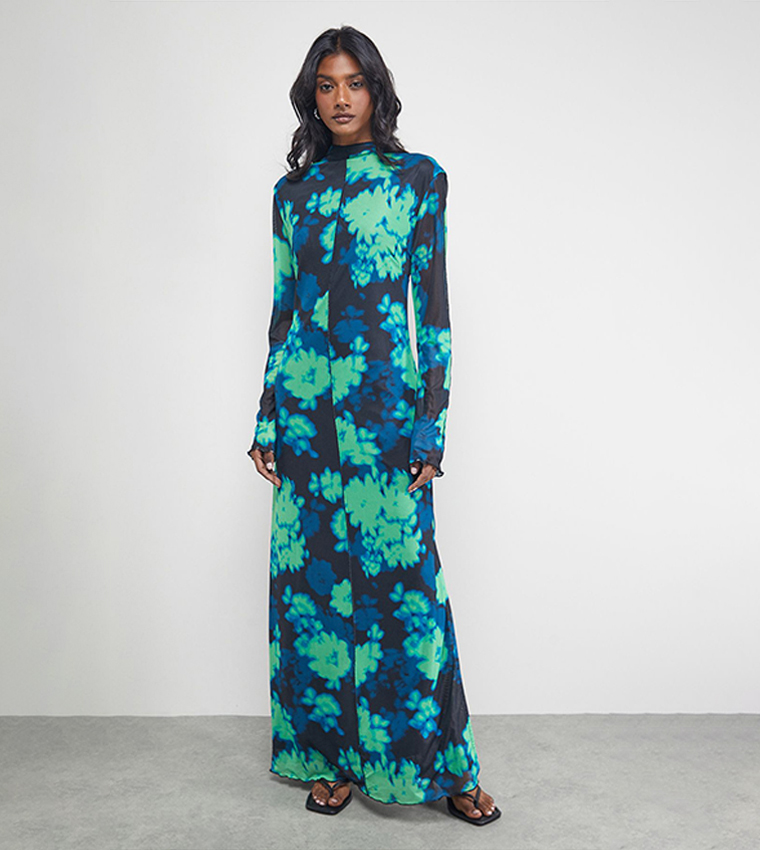 Print Mesh Lettuce Edge Maxi Dress