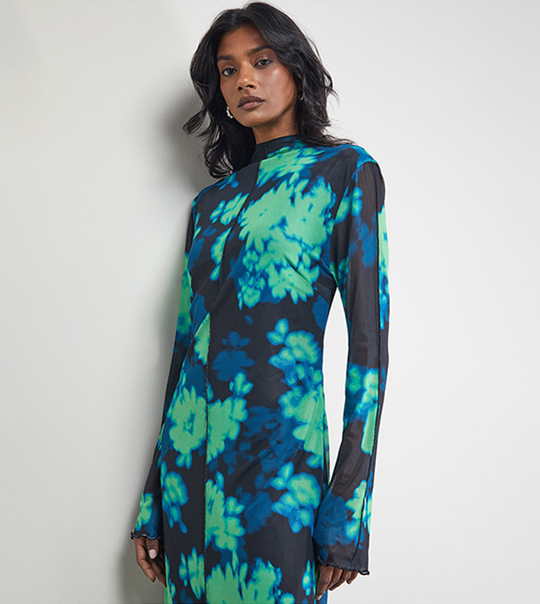 Print Mesh Lettuce Edge Maxi Dress