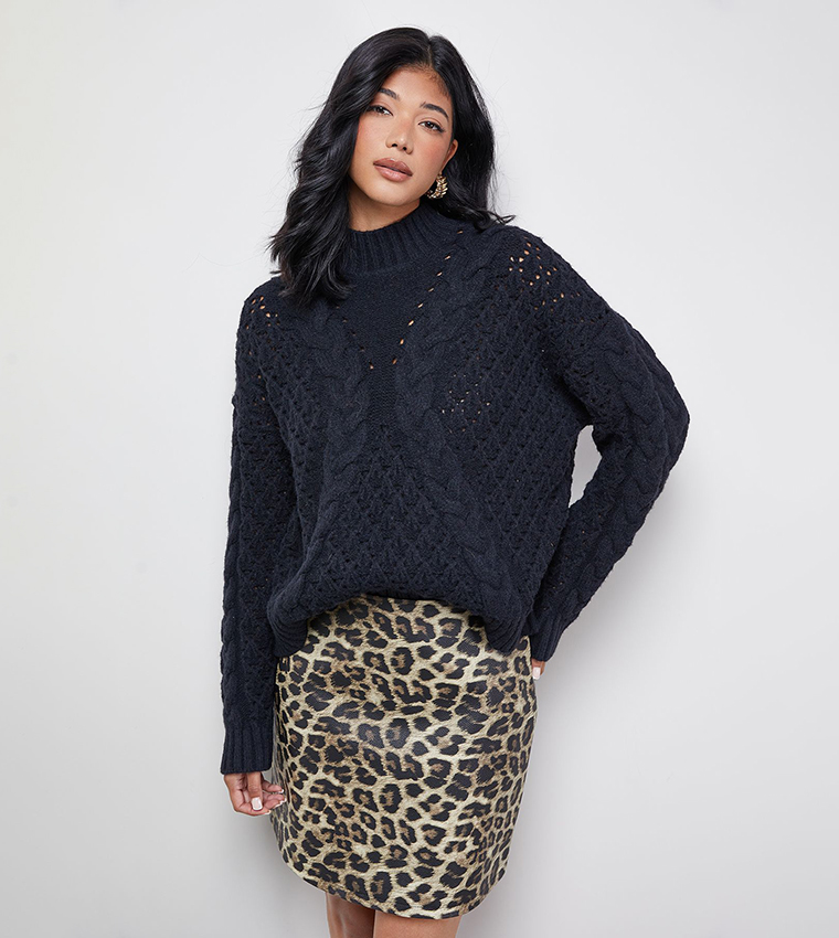 Chunky Cable Knit High Neck Sweater