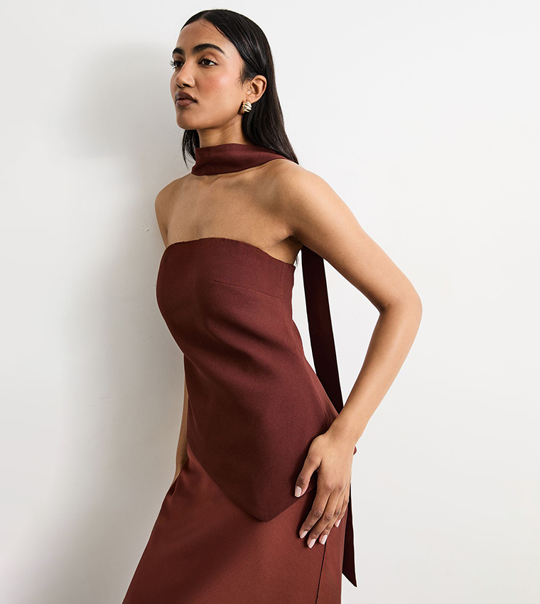 Buy Warehouse Strapless Structured Bodice Satin Midi Dress In Brown |  6thstreet Qatar