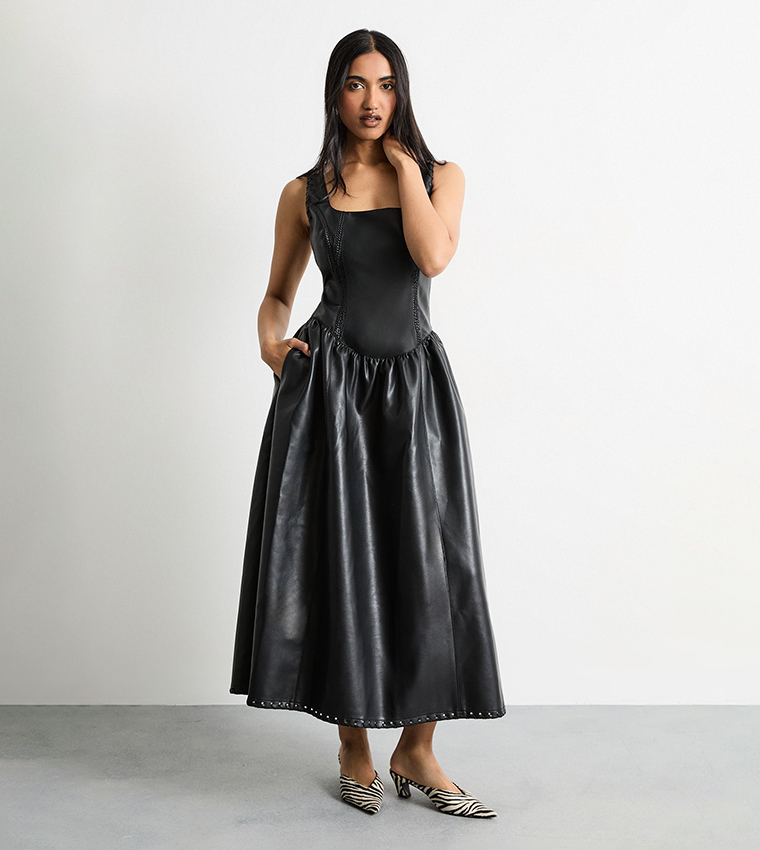 warehouse faux leather dress Warehouse Faux Leather Whipstitch Trim Midi Dress In Black