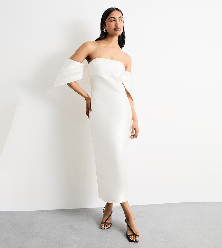 Structured Puff Sleeves Bardot Midi Dress