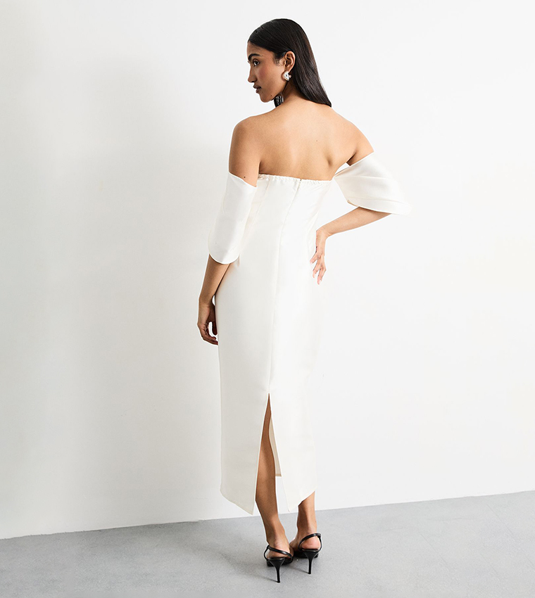 Structured Puff Sleeves Bardot Midi Dress
