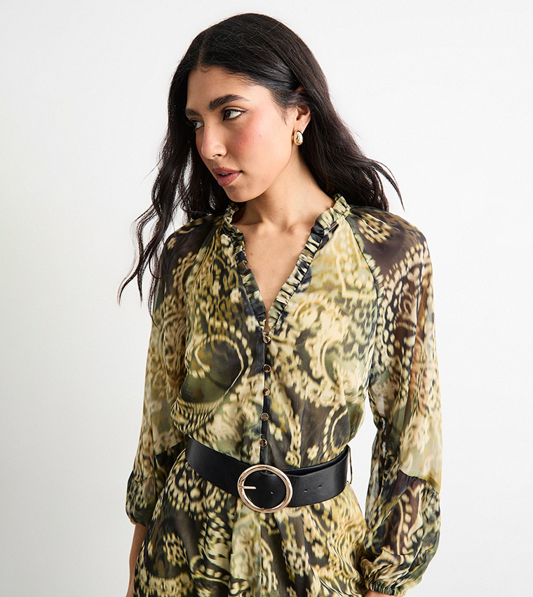 Printed Ruffle Detail Belted Maxi Dress