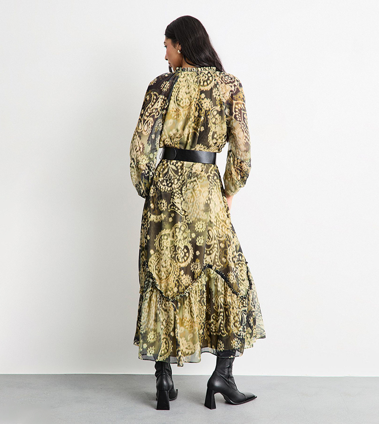 Printed Ruffle Detail Belted Maxi Dress