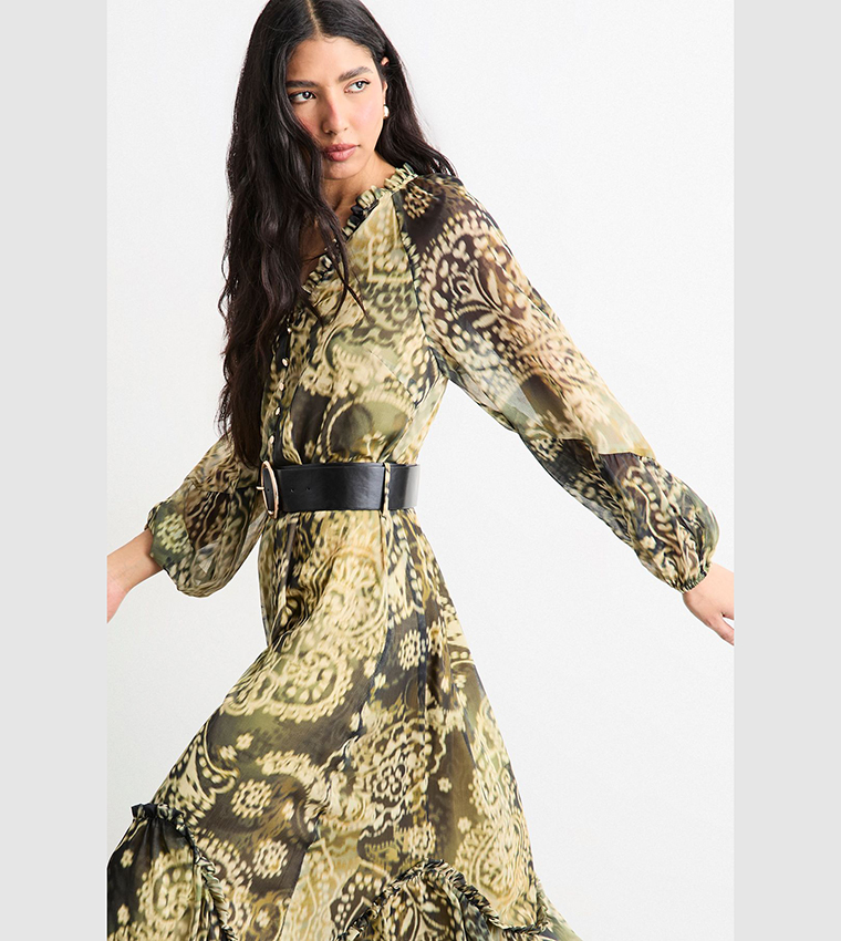 Printed Ruffle Detail Belted Maxi Dress