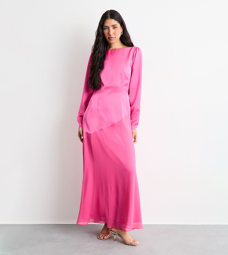 Slash Neck Asymmetric Seam Detail Maxi Dress