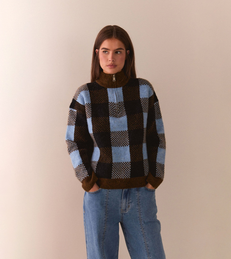 Check High Neck Knitted Sweater