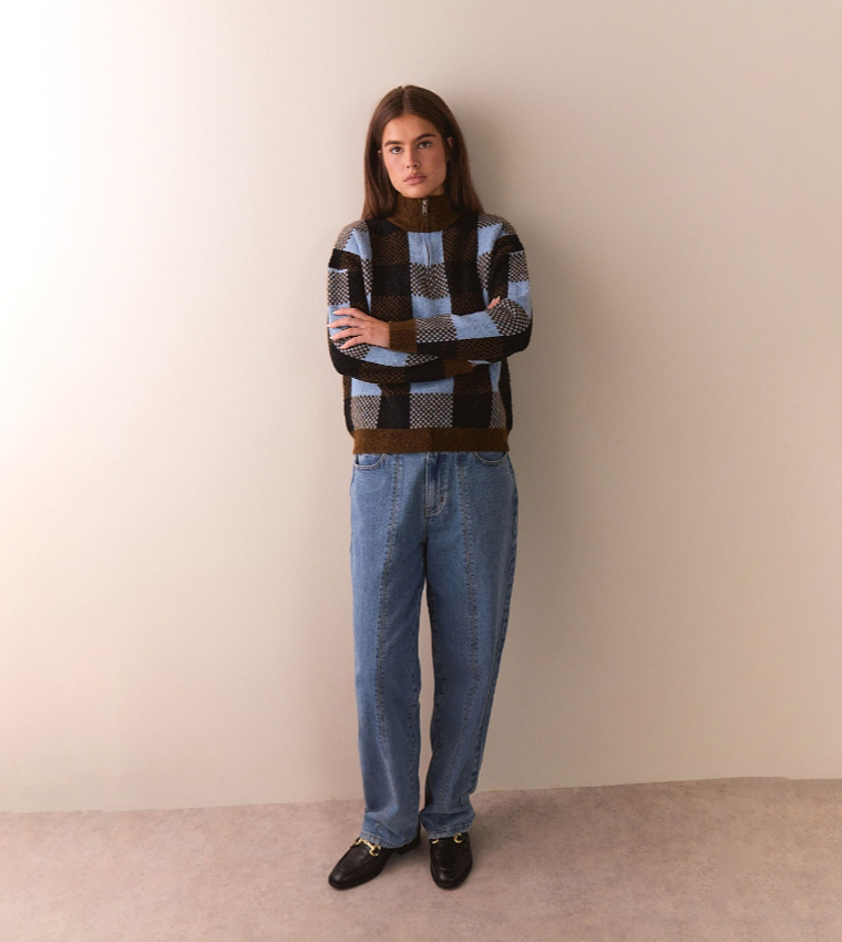 Check High Neck Knitted Sweater
