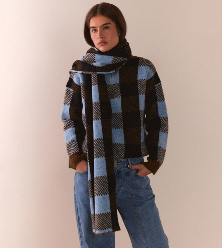 Check High Neck Knitted Sweater